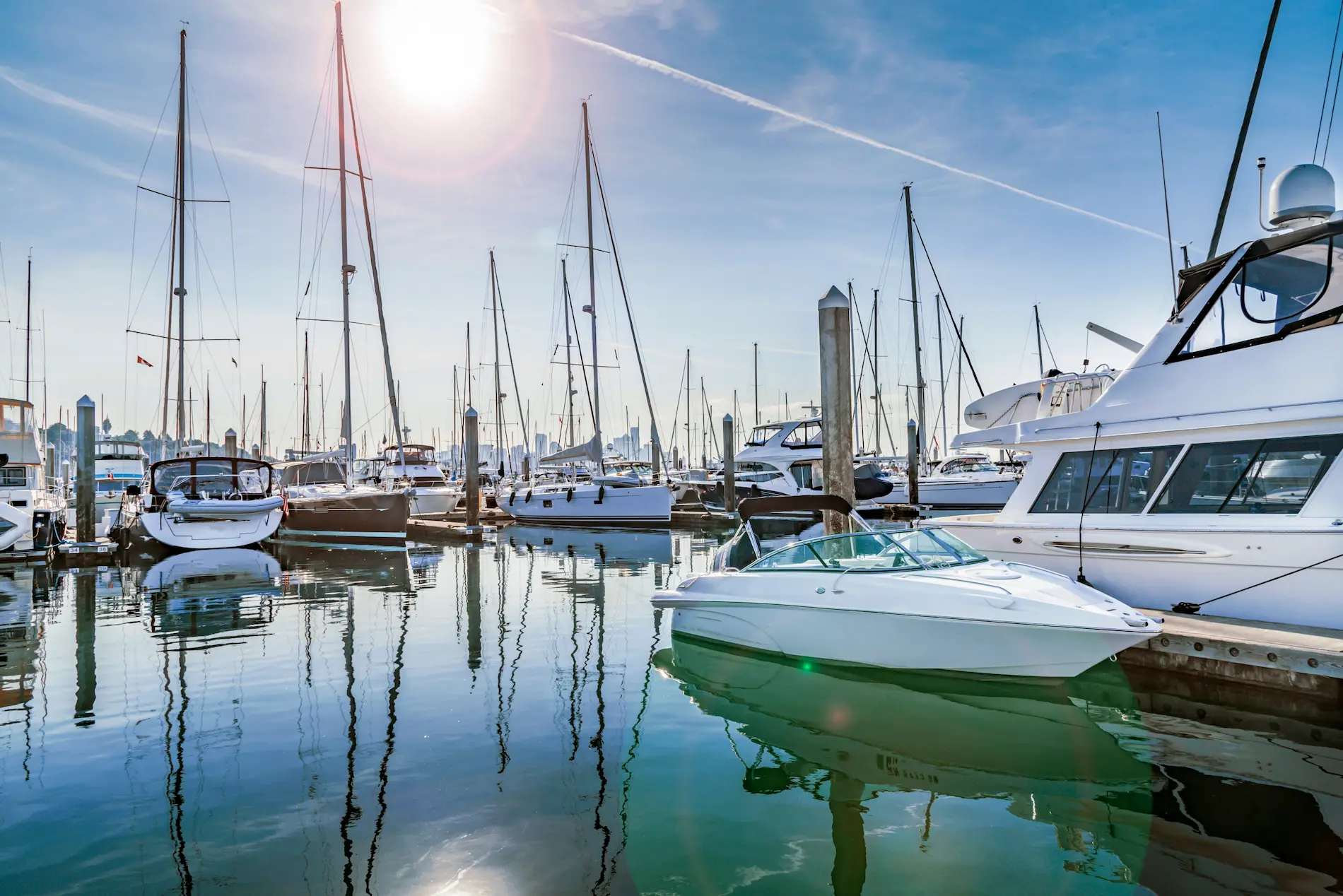 Boats docked at a coastal marina